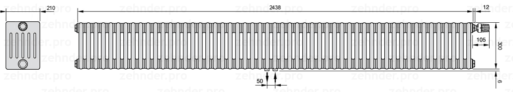 Схема (чертеж) Радиатор Zehnder Charleston 6030/53 №V008 Белый глянцевый RAL 9016